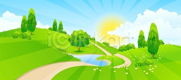 사람없음 EPS 일러스트 해외이미지 구름 꽃 나무 내추럴 도로 땅 백그라운드 봄 수평선 식물 야외 언덕 여름 잎 자연 장면 초록색 캐모마일 파란색 풍경 하늘 해외202004 해외일러스트 호수 환경