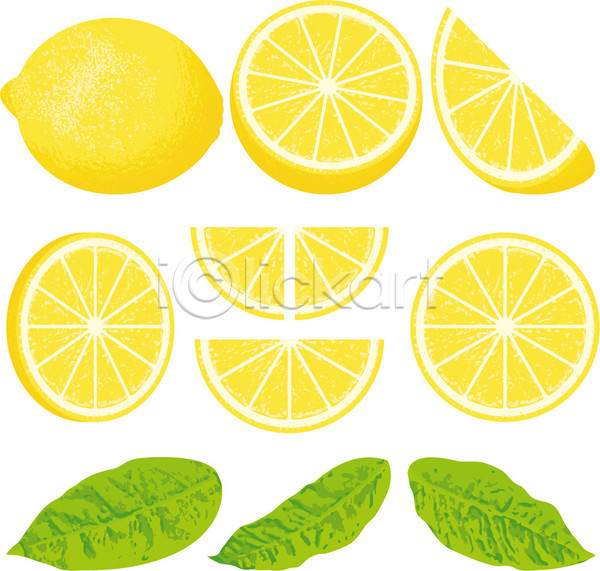 사람없음 EPS 일러스트 해외이미지 노란색 단면 레몬 세트 잎 조각 해외202004