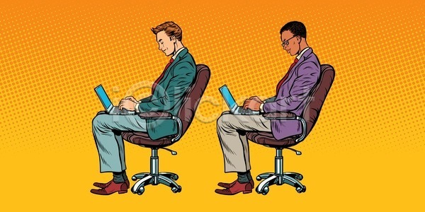 성공 남자 백인 사람 흑인 EPS 일러스트 해외이미지 검은색 경영 경영자 공책 노동자 노트북 다인종 디자이너 라이프스타일 비즈니스 비즈니스맨 사무실 사업가 생각 앉기 업무 온라인 유럽 인터넷 작업 종업원 직업 컴퓨터 통신 해외202004 해외일러스트 흰색