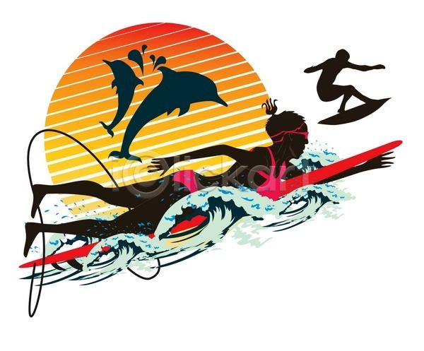 남자 두명 사람 성인 성인만 여자 EPS 일러스트 해외이미지 돌고래 서퍼 서핑 서핑보드 여름(계절) 일몰 전신 파도 해외202004
