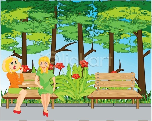 휴식 사람 소녀(어린이) 여자 EPS 일러스트 해외이미지 2 공원 꽃 나무 목재 벤치 선로 식물 여름(계절) 자연 풍경(경치) 해외202004 허브