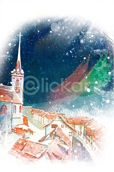 추위 사람없음 PSD 일러스트 거리 건축물 겨울 겨울배경 계절 교회 나무 눈(날씨) 마을 밤하늘 백그라운드 별 식물 풍경(경치)