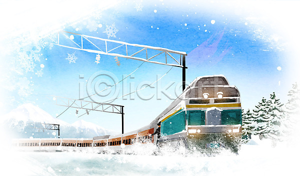 추위 사람없음 PSD 일러스트 겨울 겨울배경 계절 기차 기찻길 나무 눈(날씨) 백그라운드 식물 철도의날 풍경(경치)
