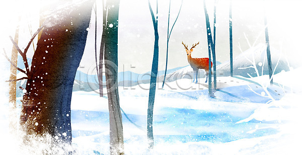 추위 사람없음 PSD 일러스트 겨울 겨울배경 계절 나무 눈(날씨) 동물 백그라운드 사슴 식물 풍경(경치)