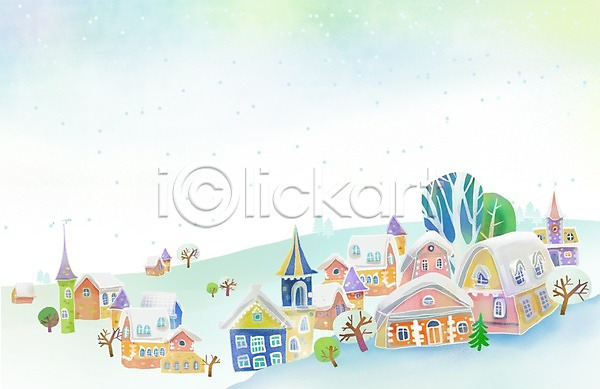 추위 사람없음 PSD 일러스트 건축물 겨울 겨울배경 계절 나무 눈(날씨) 마을 백그라운드 식물 주택 풍경(경치)