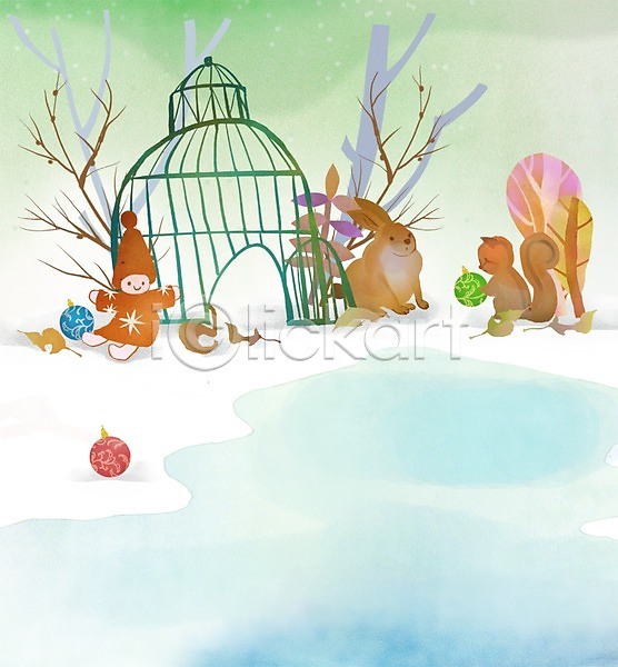 추위 사람없음 PSD 일러스트 겨울 겨울배경 계절 나무 눈(날씨) 다람쥐 동물 방울(장식품) 백그라운드 새장 식물 인형 장난감 토끼 풍경(경치)