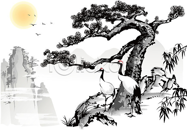 사람없음 AI(파일형식) 일러스트 나무 돌(바위) 동물 동양화 바위(돌) 백그라운드 산 새해 수묵화 식물 자연 전통 전통문화 조류 태양 학 한국문화 한국전통 한국화 해