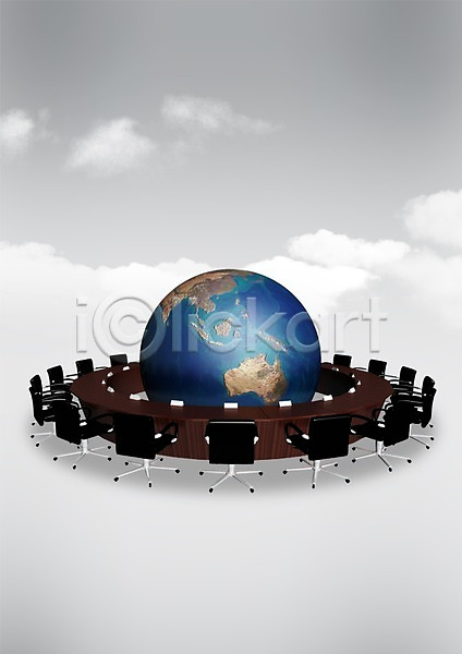 사람없음 3D PSD 편집이미지 구름(자연) 글로벌비즈니스 모임 비즈니스 원형탁자 의자 지구 지구본 탁자 편집 하늘 회의 회의실