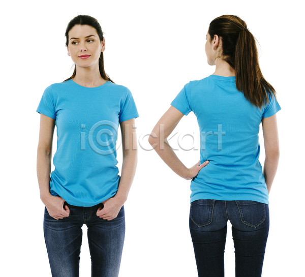 사람 성인 여자 한명 JPG 포토 해외이미지 1 고립 공백 면 모델 미소(표정) 서기 셔츠 옷 유행 정상 청바지 티셔츠 파란색 포즈 해외202004 흰배경