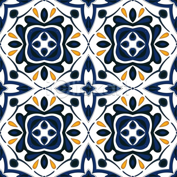 EPS 일러스트 해외이미지 디자인 묘사 벽지 스페인어 엘리먼트 오렌지 장식 전통 정사각형 추상 타일 튀니지 파란색 패턴 포르투갈 해외202004 흰색