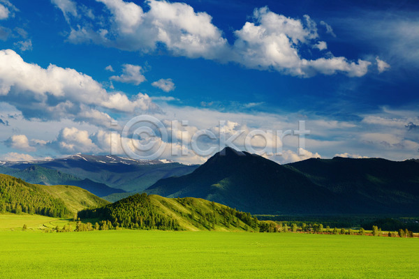 사람없음 JPG 포토 해외이미지 구름(자연) 농경지 농작물 농장 맑음 밭 밭일 산 산악지대 생태학 숲 시베리아 언덕 여름(계절) 일몰 자연 저녁 초록색 파노라마 파란색 풍경(경치) 하늘 해외202004 햇빛 환경