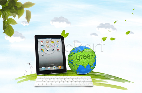 사람없음 PSD 편집이미지 구름(자연) 그린에너지 그린캠페인 나뭇잎 디지털 식물 에코 자연 자연보호 전자제품 정보기술 지구 지구본 첨단기기 초록색 친환경 키보드 태블릿 풍차 하늘 환경