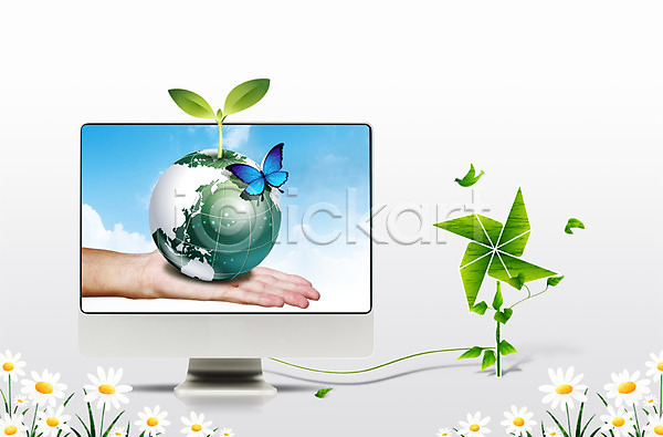 신체부위 3D PSD 편집이미지 그린슈머 그린에너지 그린캠페인 꽃 나무 나뭇잎 나비 들기 디지털 모니터 바람개비 새싹 손 손짓 식물 에코 자연 자연보호 전자제품 정보기술 조류 지구 첨단기기 초록색 친환경 컴퓨터 환경
