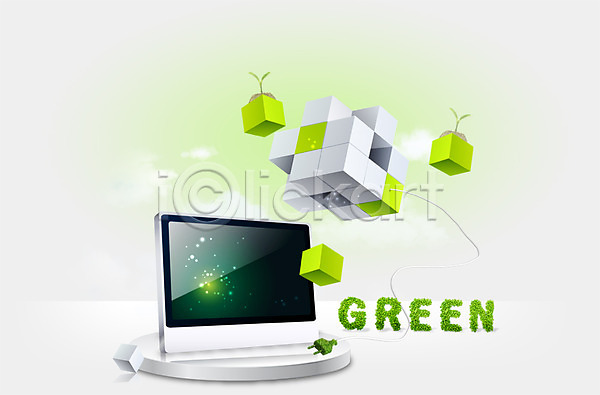 사람없음 PSD 편집이미지 구름(자연) 그린캠페인 나뭇잎 디지털 모니터 상자 새싹 식물 에코 자연 자연보호 전기에너지 전자제품 정보기술 첨단기기 초록색 친환경 큐브 플러그 환경