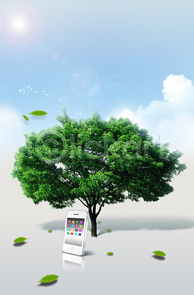 환경보전 사람없음 3D PSD 편집이미지 구름(자연) 그린캠페인 그림자 나무 나뭇잎 디지털 스마트폰 식물 에코 자연 자연보호 전자제품 정보기술 지구 첨단기기 초록색 친환경 태양 하늘 해 핸드폰 햇빛 환경