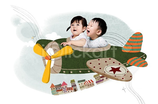 상상 남자 동양인 두명 사람 아기 아기만 여자 한국인 PSD 편집이미지 건축물 구름(자연) 비행 비행기 상반신 앉기 웃음 주택 편집 하늘