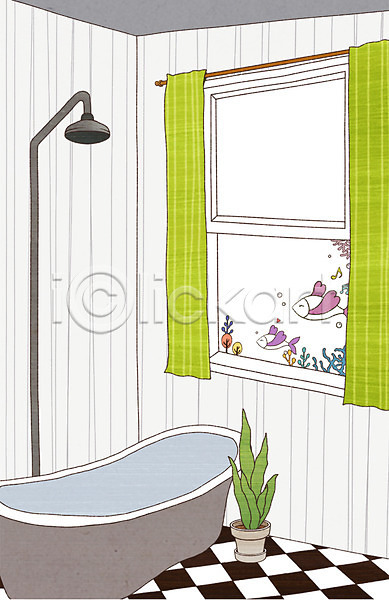 상상 사람없음 PSD 상상일러스트 일러스트 백그라운드 샤워기 식물 어류 오브젝트 욕실 욕조 인테리어 장식 창문 커튼 화분 화장실