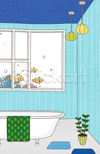 상상 사람없음 PSD 상상일러스트 일러스트 백그라운드 수건 식물 열대어 오브젝트 욕실 욕조 인테리어 장식 조명 창문 화분 화장실