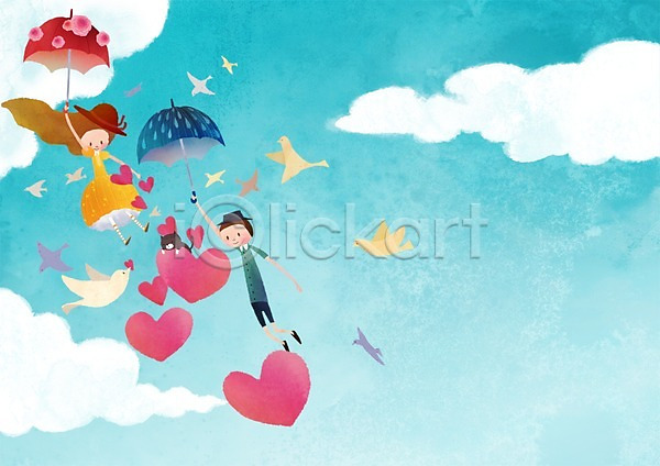 사랑 남자 두명 사람 성인 성인만 여자 PSD 일러스트 구름(자연) 동물 들기 라이프스타일 백그라운드 우산 전신 조류 커플 커플라이프 하늘 하트