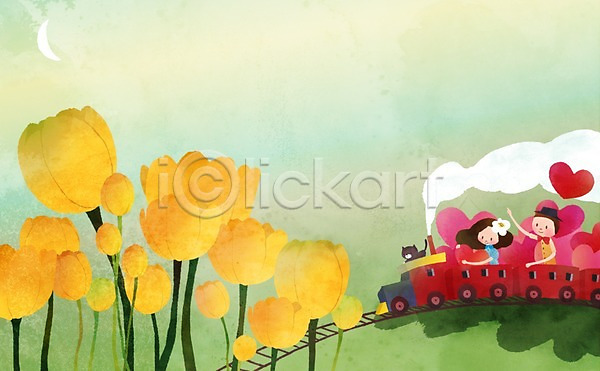 사랑 남자 두명 사람 성인 성인만 여자 PSD 일러스트 기차 기찻길 꽃 라이프스타일 백그라운드 상반신 식물 앉기 커플 커플라이프 하트