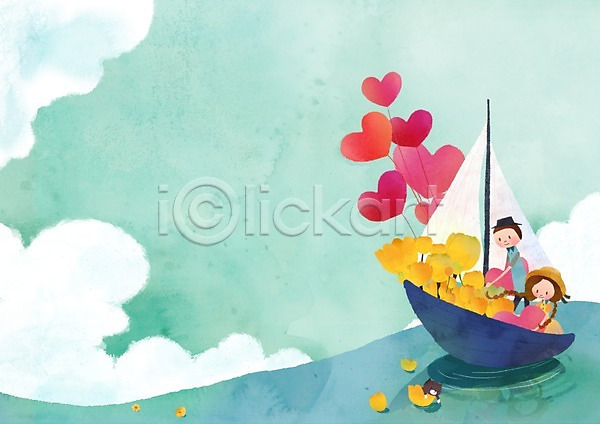 사랑 남자 두명 사람 성인 성인만 여자 PSD 일러스트 구름(자연) 꽃 돛단배 라이프스타일 바다 배(교통) 백그라운드 상반신 식물 커플 커플라이프 하트