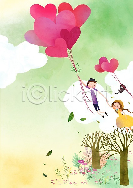 사랑 남자 두명 사람 성인 성인만 여자 PSD 일러스트 고양이 구름(자연) 꽃 나무 동물 라이프스타일 백그라운드 식물 전신 커플 커플라이프 풍선 하늘 하트