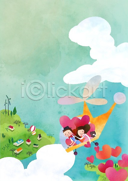 사랑 남자 두명 사람 성인 성인만 여자 PSD 일러스트 고양이 교통수단 구름(자연) 나무 동물 라이프스타일 마을 백그라운드 상반신 식물 잔디 주택 커플 커플라이프 하늘 하트 헬리콥터
