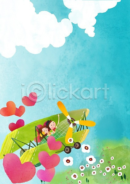 사랑 남자 두명 사람 성인 성인만 여자 PSD 일러스트 경비행기 구름(자연) 꽃 라이프스타일 백그라운드 비행기 상반신 식물 앉기 잔디 커플 커플라이프 하늘 하트