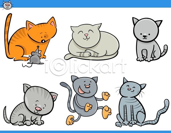 귀여움 사람없음 EPS 일러스트 해외이미지 걷기 고양이 마주보기 만화 미소(표정) 앉기 엎드리기 쥐 회색