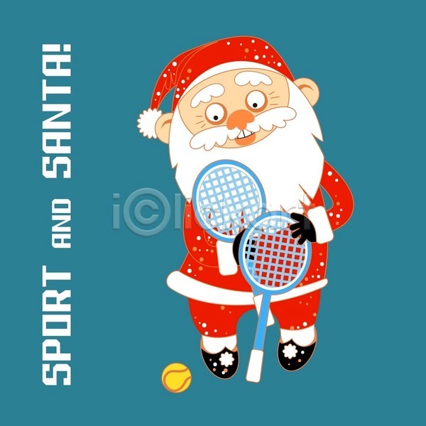 기쁨 남자 노년 노인남자한명만 한명 EPS 일러스트 해외이미지 들기 산타클로스 스포츠 캐릭터 크리스마스 테니스공 테니스라켓 해외202004
