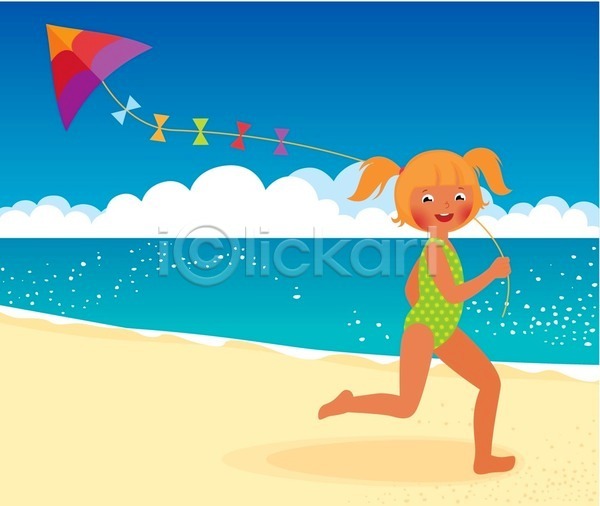 자유 행복 EPS 일러스트 해외이미지 달리기 모래 물 바다 바람 백그라운드 선탠 야외 여름(계절) 연 웃음 자연 장면 하늘 해외202004