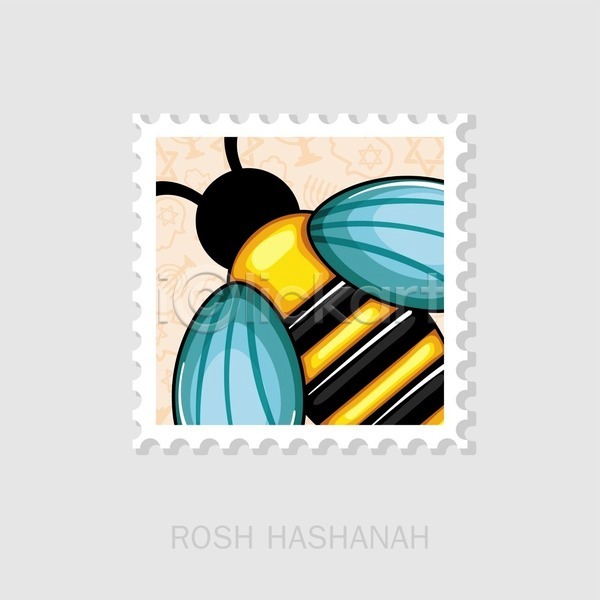 사람없음 EPS 일러스트 해외이미지 검은색 꿀벌 노란색 우표 유대교 한마리 해외202004