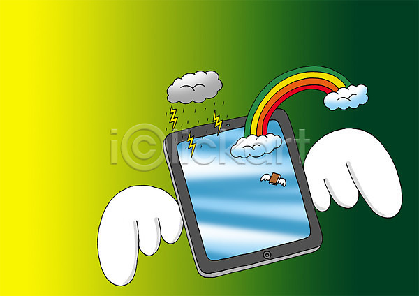 발전 상상 스마트 혁명 사람없음 PSD 상상일러스트 일러스트 구름(자연) 꿈 날개(비행) 무지개 백그라운드 번개 비구름 스마트기기 언론 정보기술 태블릿 판타지