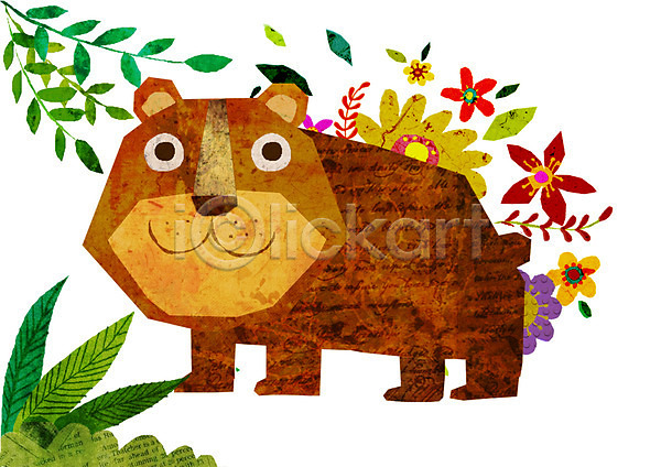 사람없음 PSD 일러스트 곰 곰캐릭터 꽃 동물 동물캐릭터 식물 애니멀프린트 척추동물 캐릭터 포유류 풀(식물) 한마리