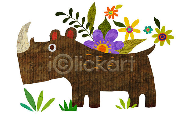사람없음 PSD 일러스트 꽃 동물 동물캐릭터 식물 애니멀프린트 척추동물 캐릭터 코뿔소 포유류 한마리