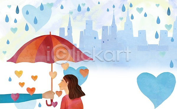 사랑 행복 남자 두명 사람 성인 성인만 여자 PSD 일러스트 건물 건축물 날씨 들기 백그라운드 비(날씨) 빗방울 상반신 우산 커플 하트 하트백그라운드