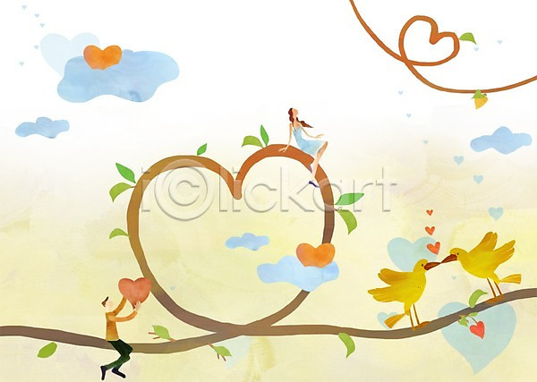 사랑 행복 남자 두명 사람 성인 성인만 여자 PSD 일러스트 구름(자연) 나무 나뭇가지 동물 백그라운드 식물 앉기 전신 조류 커플 하트 하트백그라운드