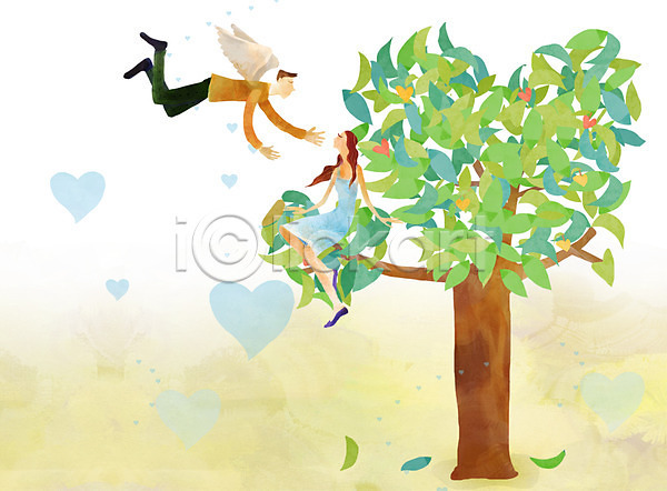 사랑 행복 남자 두명 사람 성인 성인만 여자 PSD 일러스트 나무 날개(비행) 백그라운드 식물 앉기 전신 천사 천사날개 커플 하트 하트백그라운드