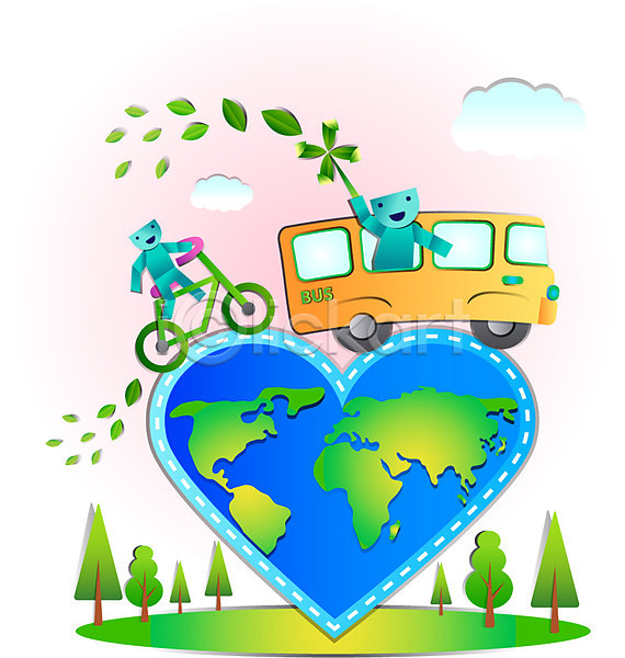 보호 환경보전 사람없음 AI(파일형식) 일러스트 교통수단 그린캠페인 길 나무 도로 버스 식물 자동차 자연 자연보호 자전거 지구 친환경 캐릭터 캠페인 피규어 환경