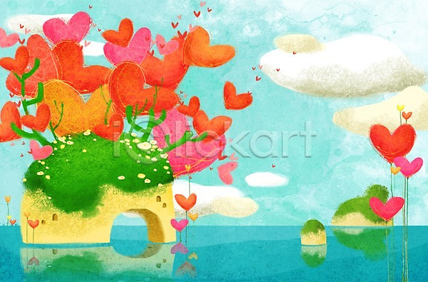 사랑 상상 사람없음 PSD 일러스트 계절 구름(자연) 꽃 나무 바다 백그라운드 봄 봄배경 섬 식물 자연 풍경(경치) 하늘 하트 하트백그라운드