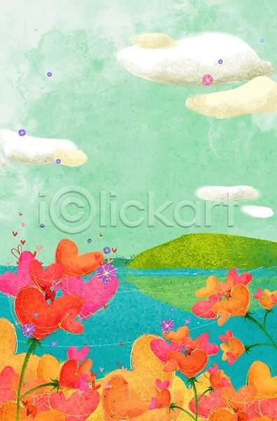 사랑 상상 사람없음 PSD 일러스트 계절 구름(자연) 꽃 꽃밭 바다 백그라운드 봄 봄배경 섬 식물 언덕 자연 풍경(경치) 하늘 하트 하트백그라운드