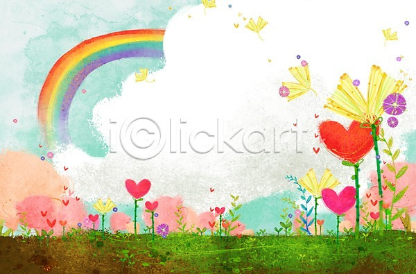 사랑 상상 사람없음 PSD 일러스트 계절 구름(자연) 꽃 꽃밭 무지개 백그라운드 봄 봄배경 새싹 식물 자연 풍경(경치) 하늘 하트 하트백그라운드