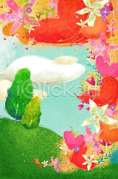 사랑 상상 사람없음 PSD 일러스트 계절 구름(자연) 꽃 나무 백그라운드 봄 봄배경 식물 언덕 자연 풍경(경치) 하늘 하트 하트백그라운드