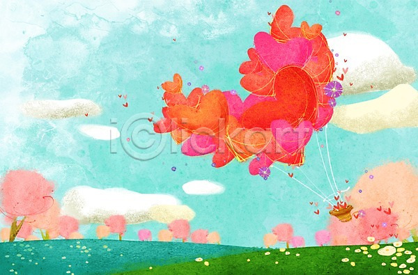 사랑 상상 사람없음 PSD 일러스트 계절 구름(자연) 기구 꽃 나무 백그라운드 봄 봄배경 식물 열기구 자연 풍경(경치) 하늘 하트 하트백그라운드