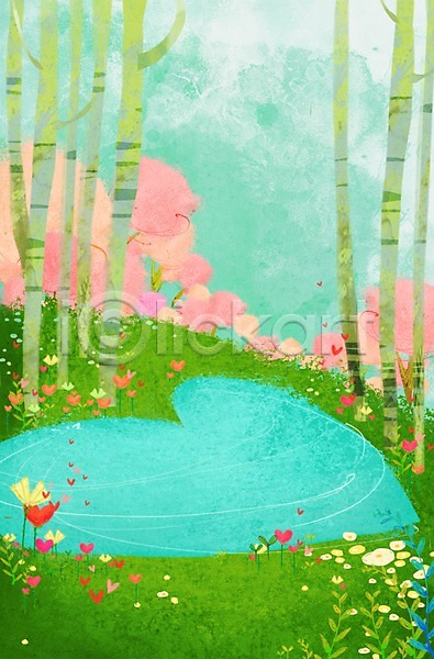 사랑 상상 사람없음 PSD 일러스트 계절 구름(자연) 꽃 나무 백그라운드 봄 봄배경 식물 연못 자연 잔디 풍경(경치) 하늘 하트 하트백그라운드 호수