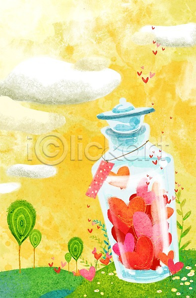사랑 상상 사람없음 PSD 일러스트 계절 구름(자연) 꽃 나무 담기 백그라운드 병(담는) 봄 봄배경 식물 유리병 자연 잔디 풍경(경치) 하늘 하트 하트백그라운드