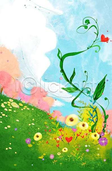 사랑 상상 사람없음 PSD 일러스트 계절 구름(자연) 꽃 나무 백그라운드 봄 봄배경 식물 자연 잔디 줄기 풍경(경치) 하늘 하트 하트백그라운드