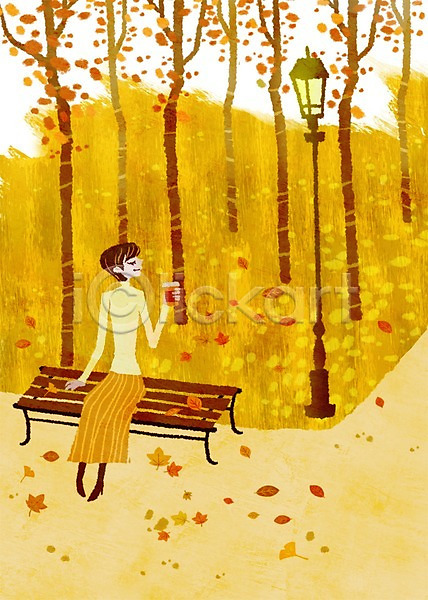여유 티타임 휴식 사람 여자 여자만 여자한명만 한명 PSD 일러스트 가로등 공원 나무 들기 라이프 라이프스타일 벤치 식물 앉기 음료 의자 전신 차(음료) 커피 커피잔 테이크아웃