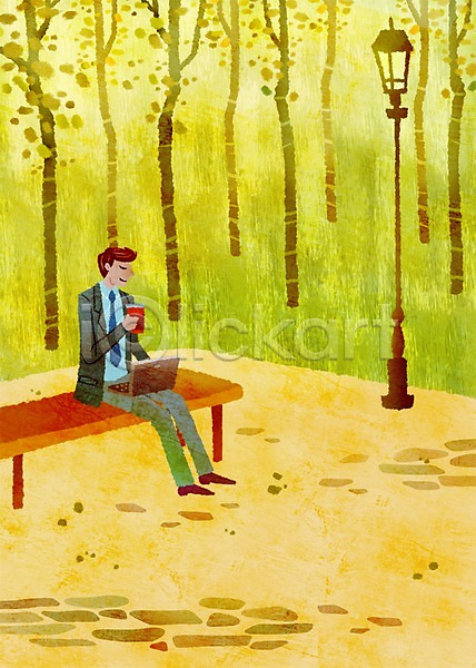 여유 티타임 휴식 남자 남자만 남자한명만 사람 성인 성인남자만 성인만 한명 PSD 일러스트 가로등 공원 나무 노트북 들기 라이프 라이프스타일 벤치 식물 앉기 업무 음료 의자 전신 차(음료) 커피 커피잔 테이크아웃