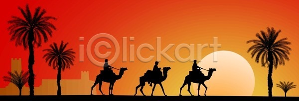 EPS 실루엣 일러스트 해외이미지 검은색 그룹 낙타 동물 빨간색 사막 야자수 일몰 저녁 카라반 태양 해외202004 해외일러스트